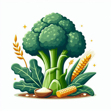 Broccoli, corn and wheat on white background. Vector illustration.のイラスト素材