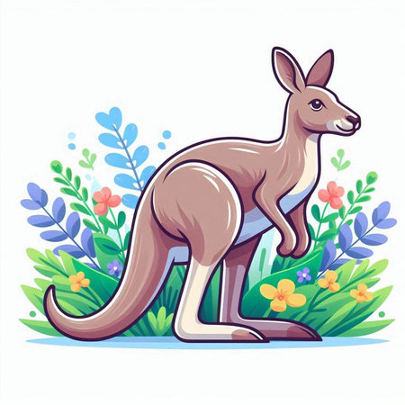 Kangaroo in the garden with flowers. Cartoon vector illustration.のイラスト素材