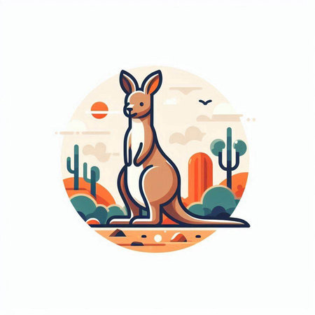 Kangaroo in the desert. Vector illustration in flat style.のイラスト素材