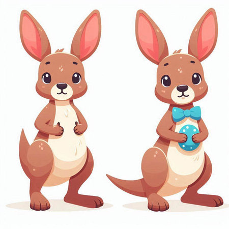 Kangaroos with Easter eggs. Cute cartoon kangaroo characters. Vector illustration.のイラスト素材
