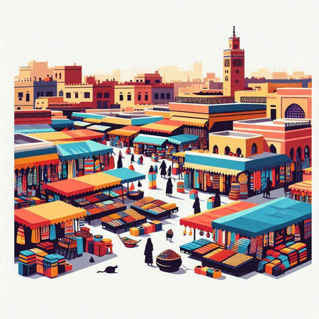 Illustration of a street market in Dubai, United Arab Emirates.のイラスト素材