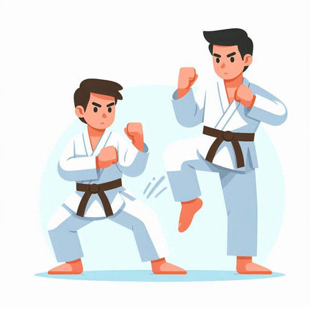 Taekwondo training. Two young men in kimono fighting. Vector illustrationのイラスト素材