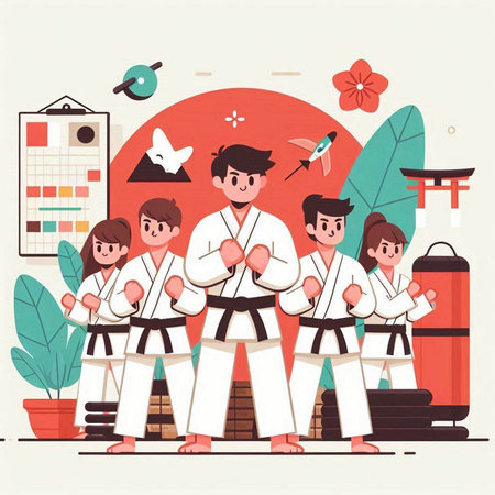 Taekwondo training in Japan. Vector illustration in flat styleのイラスト素材