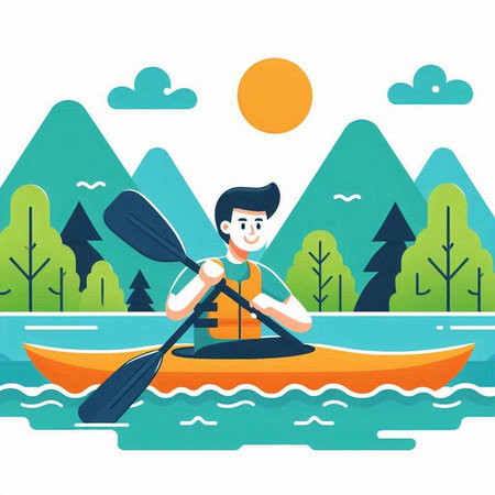Man kayaking on the river. Vector illustration in flat style.のイラスト素材