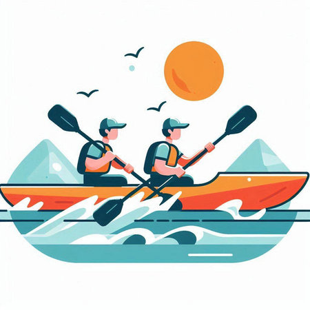 Kayaking and canoeing vector illustration. Man and woman paddling on kayak.のイラスト素材