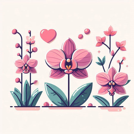 Orchid flowers with hearts. Vector illustration in flat cartoon style.のイラスト素材