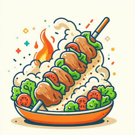 Shish kebab with vegetables in a bowl. Vector illustration.のイラスト素材