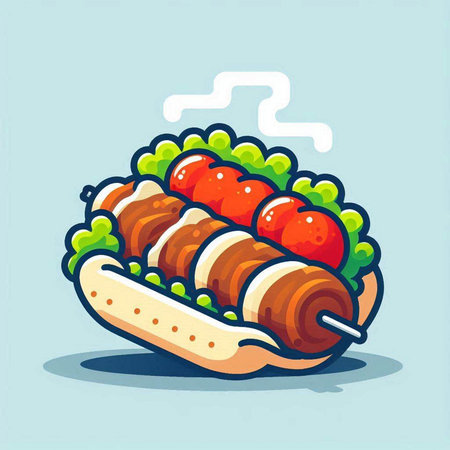 Illustration of hot dog with sausage and salad on blue background.のイラスト素材