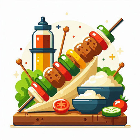Shish kebab with vegetables and sauce on wooden board. Vector illustration.のイラスト素材
