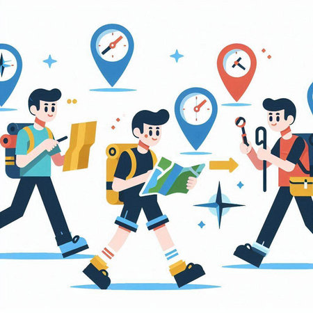 Tourist people with map and compass. Vector illustration in flat styleのイラスト素材
