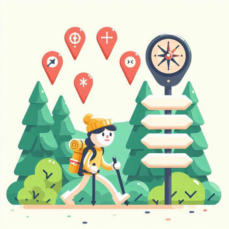 Tourist with backpack and compass in the park. Vector illustration.のイラスト素材
