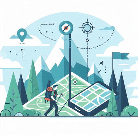 Vector illustration of a man with a compass and a navigator on the background of a map.のイラスト素材