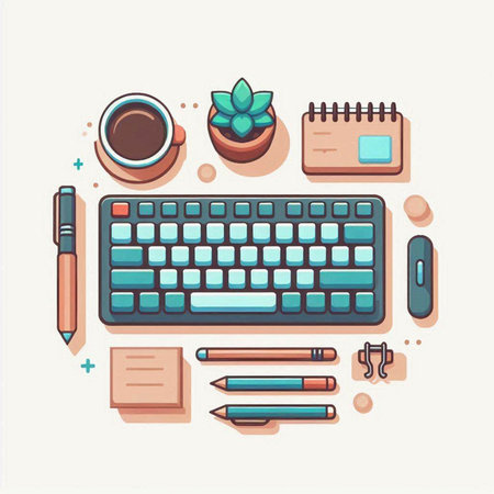 Office workplace. Computer keyboard, coffee cup, notepad, pencils, plant in pot. Vector illustrationのイラスト素材