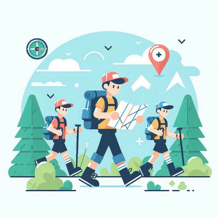 Hiking people with backpacks and map. Vector illustration in flat styleのイラスト素材