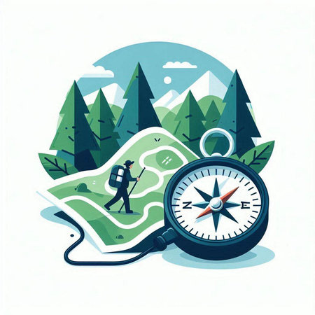 Vector illustration of a man with a compass and a map in the forestのイラスト素材