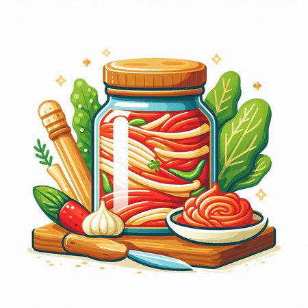 Vector illustration of a jar of spaghetti with tomato sauce, garlic and herbsのイラスト素材