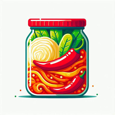 Mason jar with hot chili peppers and greens. Vector illustration.のイラスト素材