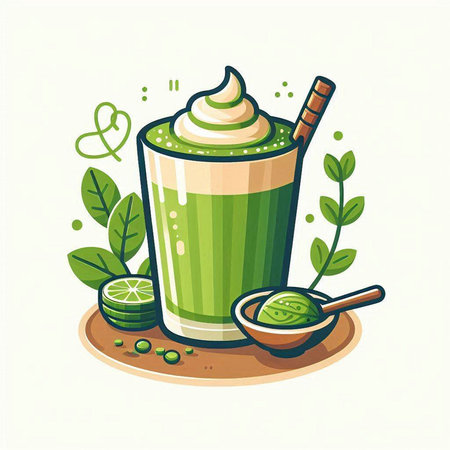 Matcha latte with whipped cream in a glass. Vector illustration.のイラスト素材