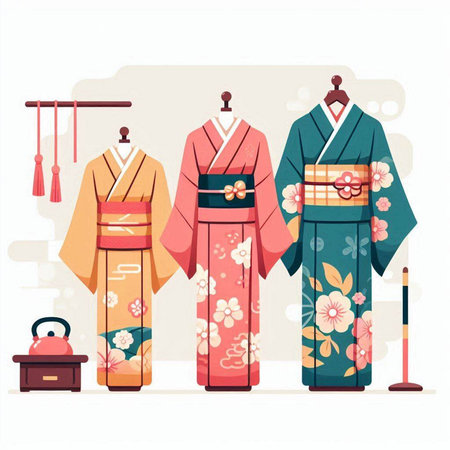 Japanese traditional kimono set. Vector illustration in flat style.のイラスト素材