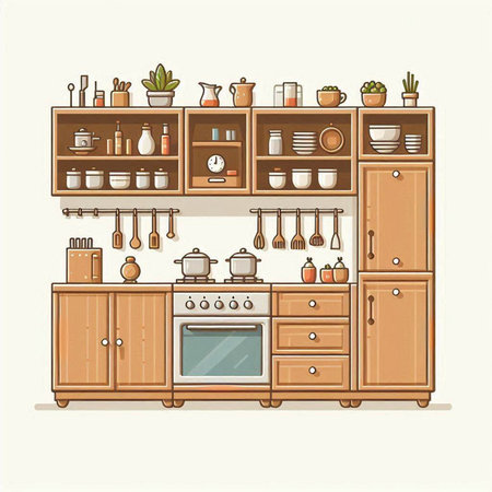 Kitchen interior, vector illustration in flat style. Furniture for cooking.のイラスト素材