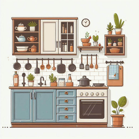 Kitchen interior with furniture and kitchenware, vector illustration in retro styleのイラスト素材