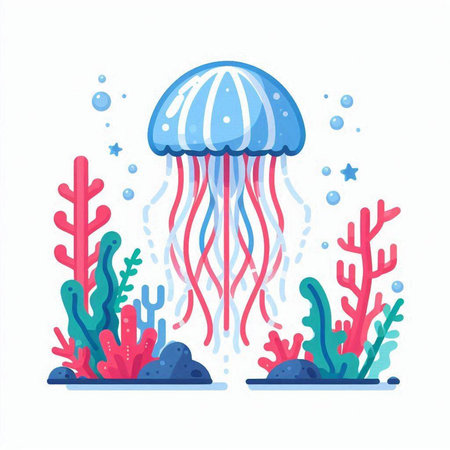 Jellyfish in the sea. Underwater world. Vector illustration.のイラスト素材