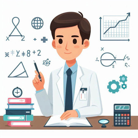 Male doctor in white coat sitting at desk with books, calculator, pen and medical icons. Vector illustrationのイラスト素材