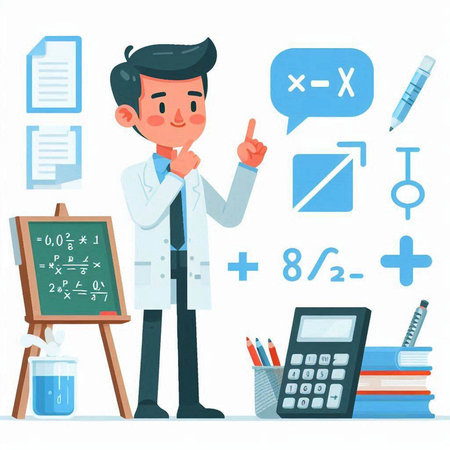 Young male scientist in white coat and lab coat standing near blackboard with formulas and icons. Cartoon vector illustration.のイラスト素材
