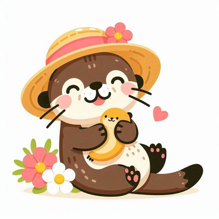 Cute otter holding a baby in her arms. Vector illustration.のイラスト素材
