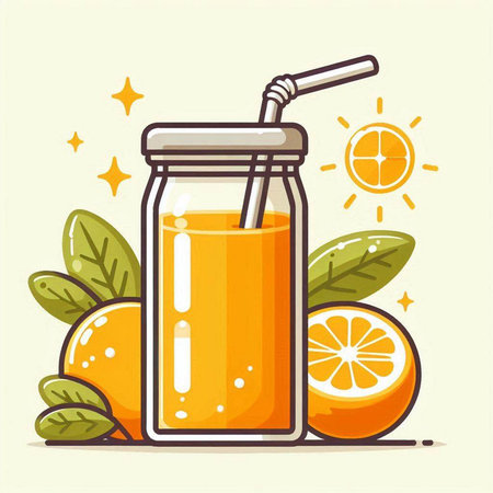 Orange juice in a glass jar with a straw. Vector illustration.のイラスト素材