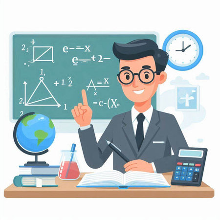 Teacher or teacher with blackboard, calculator and globe. Vector illustrationのイラスト素材