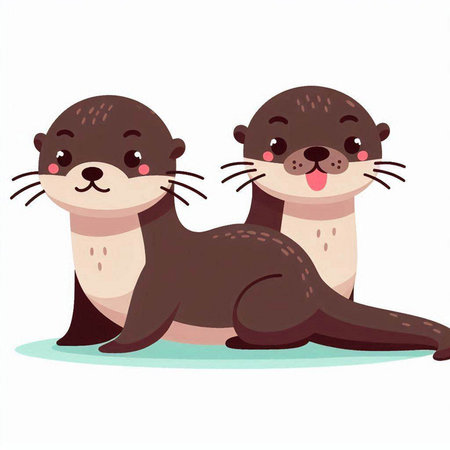 Two cute otters on a white background. Vector illustration in cartoon style.のイラスト素材