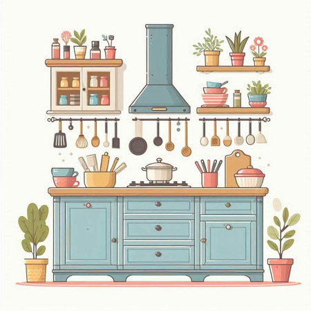 Kitchen interior with furniture and kitchenware. Vector illustration in flat styleのイラスト素材