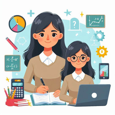 Mother and her daughter doing homework. Vector illustration in cartoon style.のイラスト素材