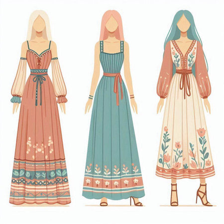 Vector set of women's dresses in vintage style. Women's clothing collection.のイラスト素材