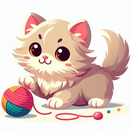 Cute cartoon kitten playing with ball of yarn. Vector illustration.のイラスト素材