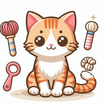 Cute cat with different accessories on white background. Vector illustration.のイラスト素材