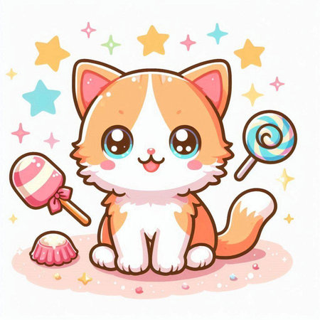 Cute cat with candy and lollipop. Vector illustration.のイラスト素材