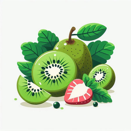 Kiwi fruit with leaves. Vector illustration in cartoon style.のイラスト素材