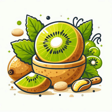 Kiwi fruit with green leaves on white background. Vector illustration.のイラスト素材