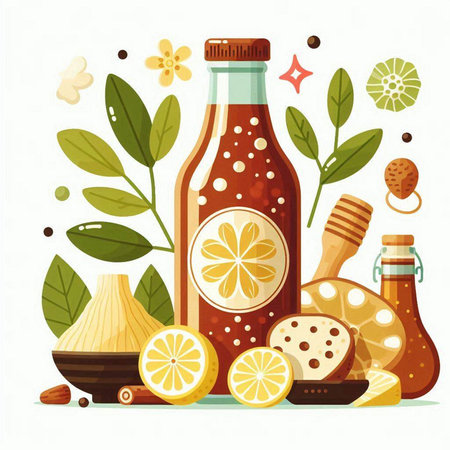 Spa and Wellness Set. Vector Illustration of Essential Oil in Bottle, Lemon, Herbs and Leaves.のイラスト素材