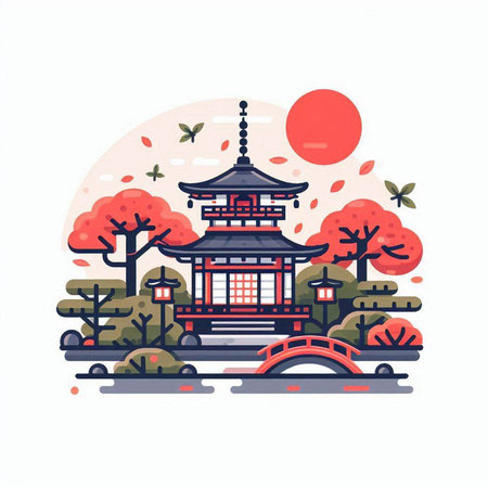 Vector illustration of traditional japanese architecture. Flat style design.のイラスト素材