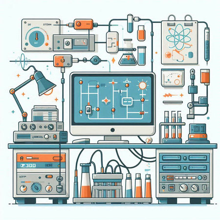 Science laboratory equipment and devices. Vector illustration in line art style.のイラスト素材