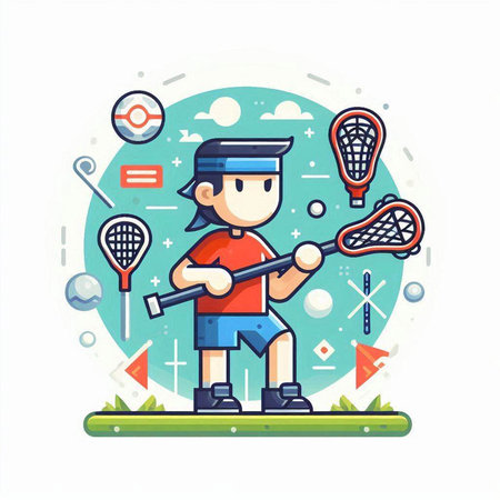 Vector illustration of a boy playing lacrosse. Flat style design.のイラスト素材