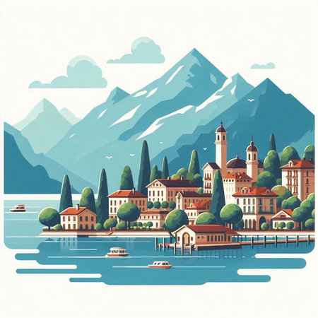 landscape of Lake Como, Italy, Europe. Vector illustrationのイラスト素材