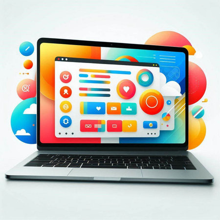 Laptop with colorful application icons on white background. 3D rendering.のイラスト素材