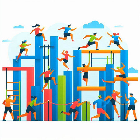 Vector illustration of a group of people jumping over a bar chart.のイラスト素材