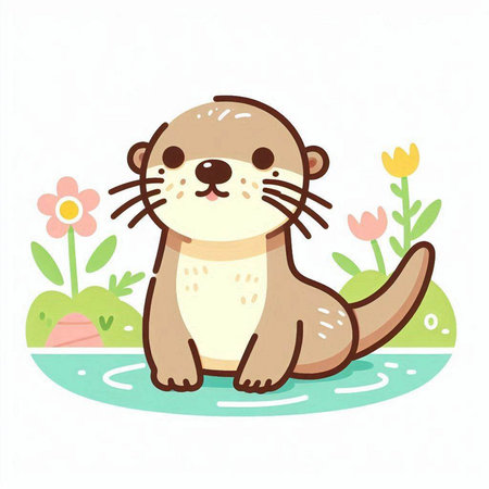 Cute otter sitting in the water. Vector illustration in flat style.のイラスト素材