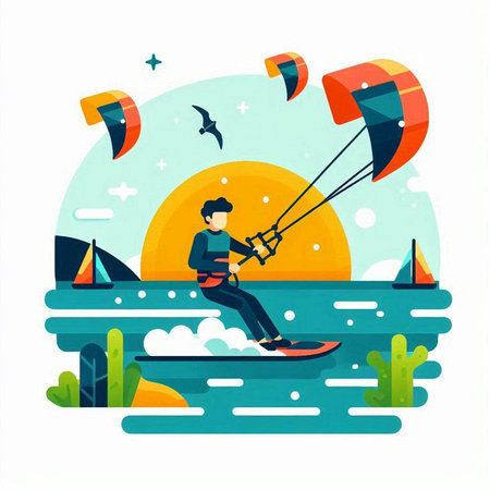 Kitesurfing flat vector illustration. Man with kite surfing on the sea.のイラスト素材