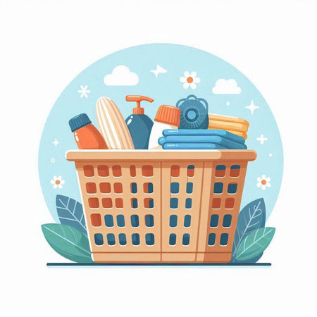 Basket with cleaning products. Vector illustration in flat cartoon style.のイラスト素材